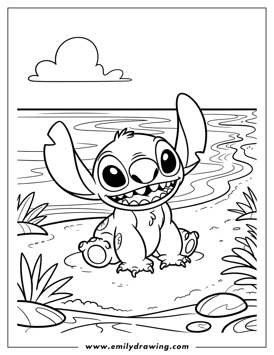 Outline of Stitch sitting by the water with plants and rocks around him.
