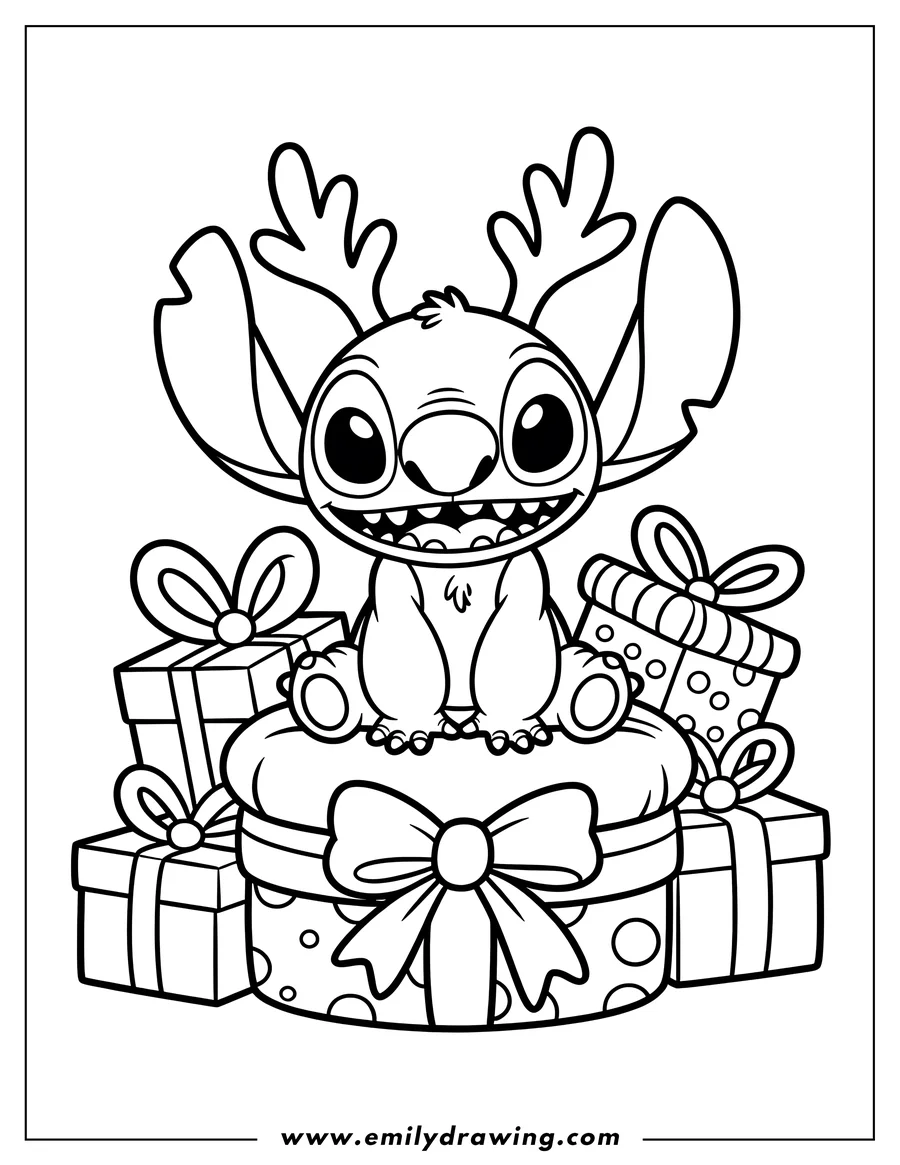 Line art of Stitch from Lilo and Stitch wearing reindeer antlers and sitting on a pile of Christmas presents.