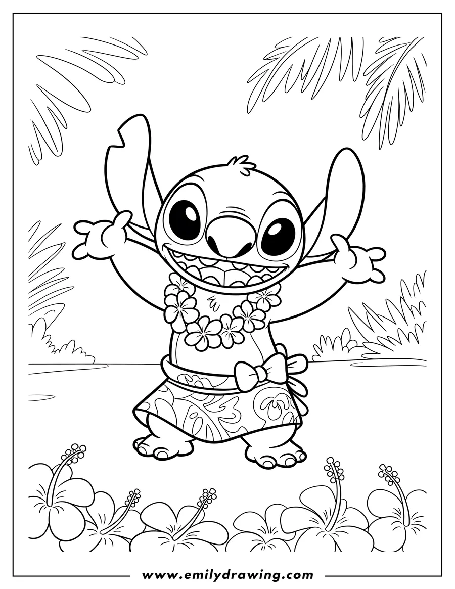 Line art of Stitch from Lilo & Stitch dancing the hula, wearing a lei and a grass skirt, with tropical flowers and palm trees in the background.