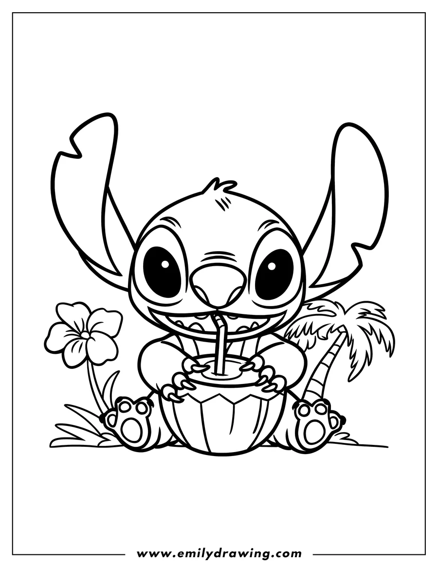 Outline of Stitch enjoying a coconut drink, sitting near a flower and palm tree.