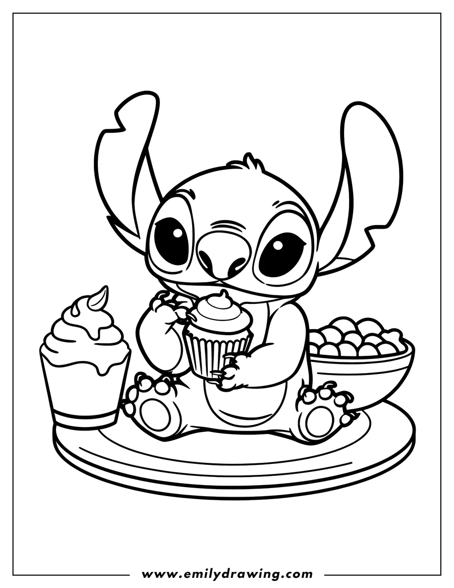 Line art of Stitch sitting and eating a cupcake. There is a frosted dessert and a bowl beside him.