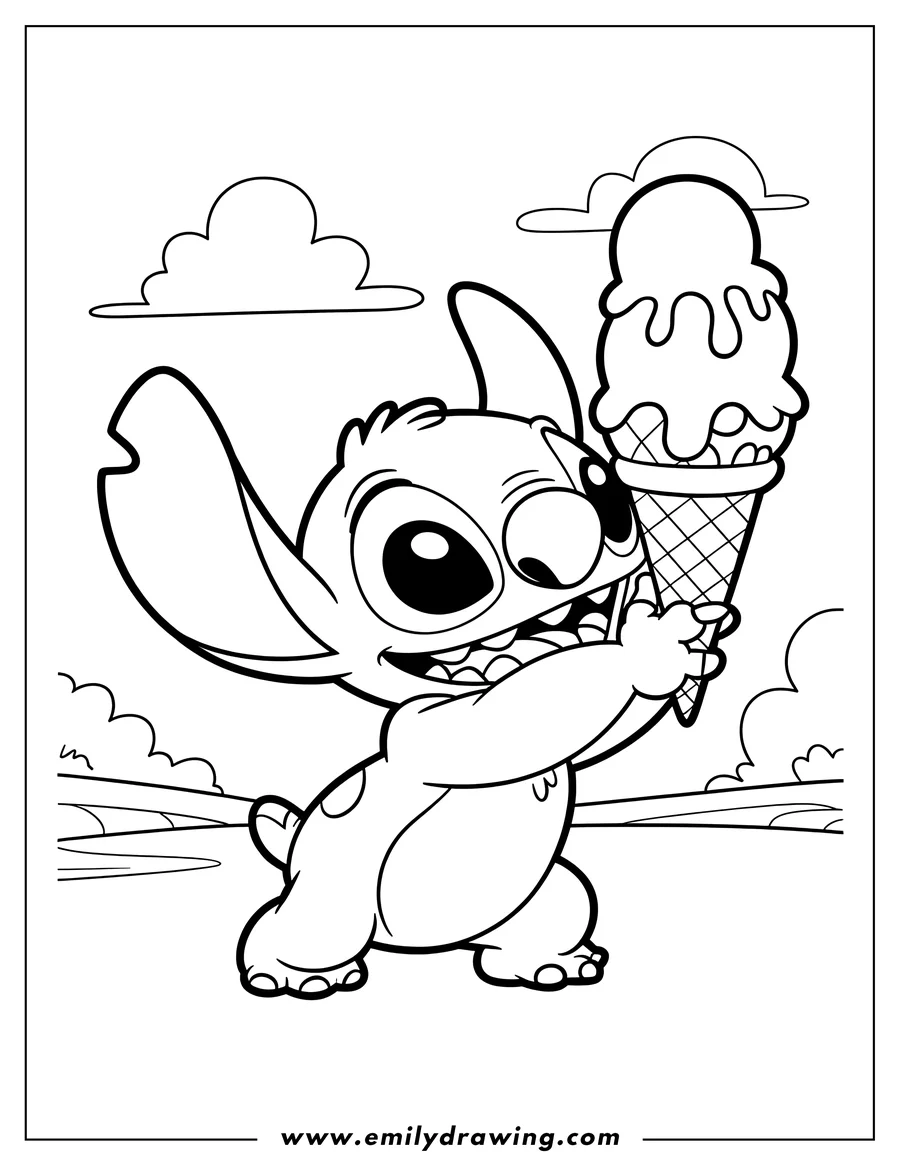Outline of Stitch holding a large melting ice cream cone