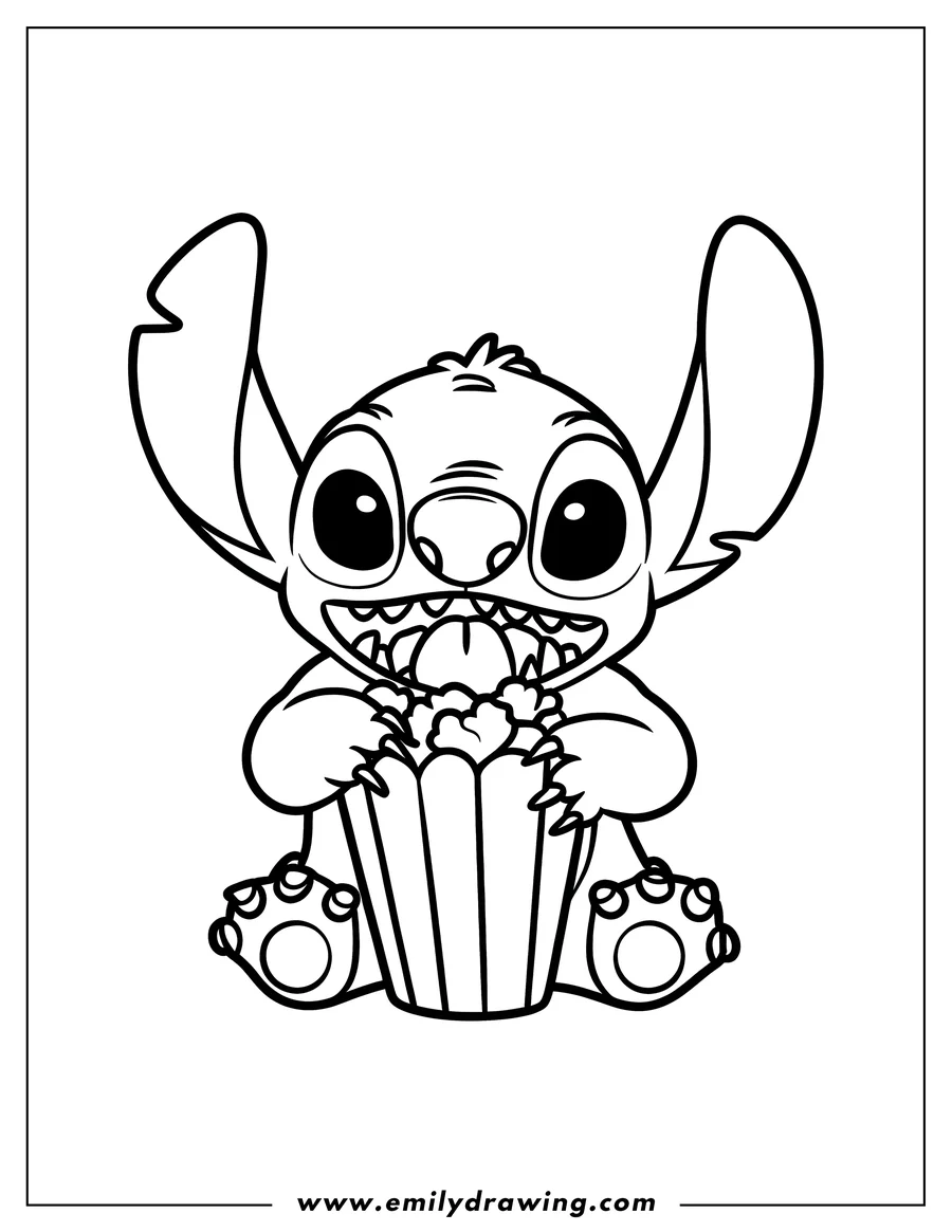 Line art of Stitch happily eating popcorn from a large bucket.