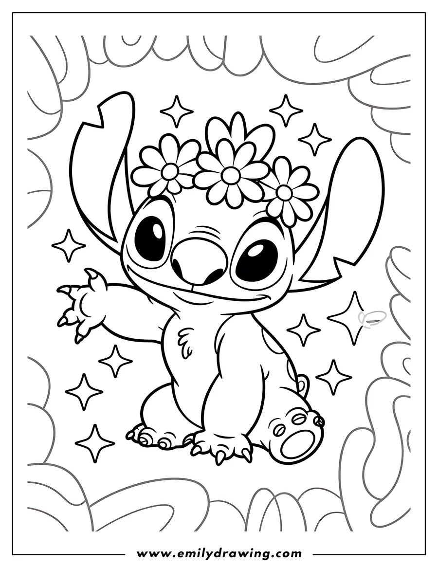 Line art of Stitch wearing a flower crown and reaching out a hand.