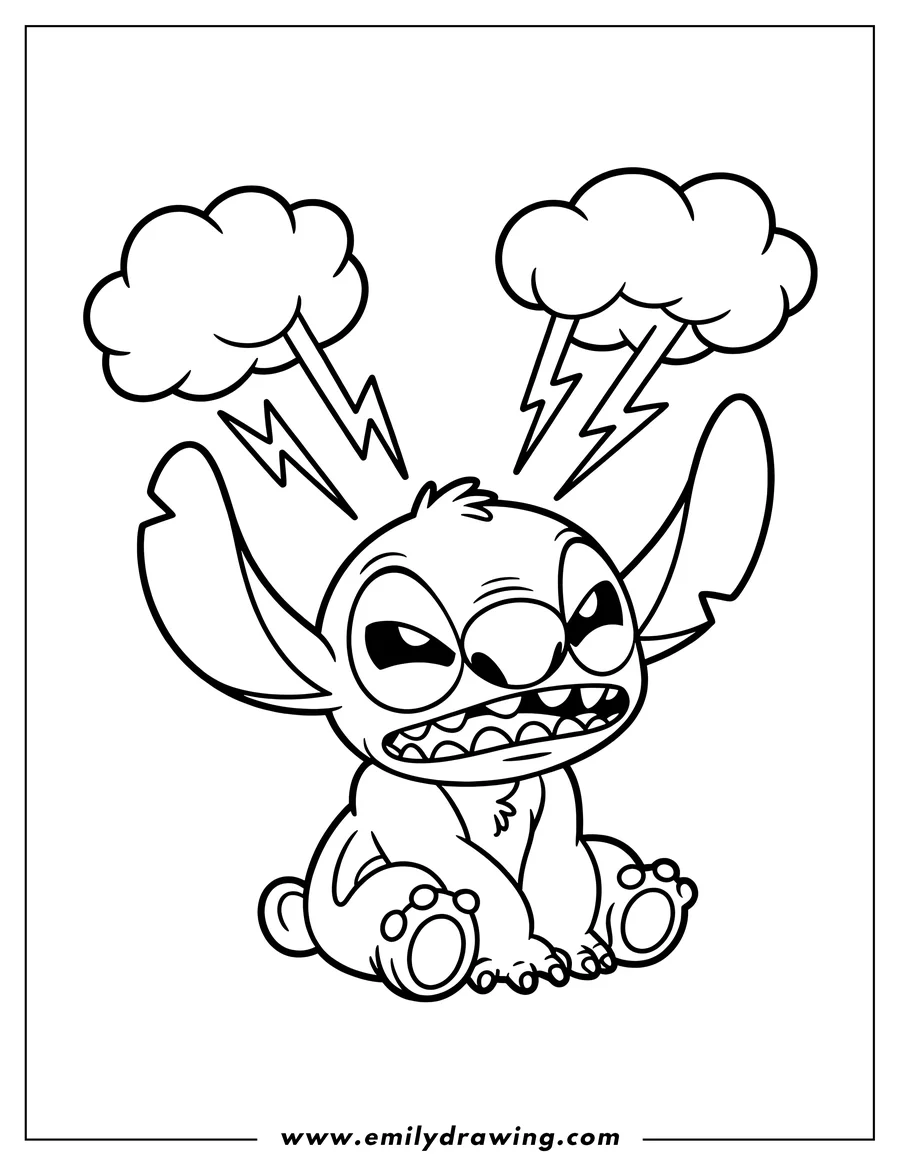 Line art of Stitch with steam coming out of his ears and lightning bolts striking above him.