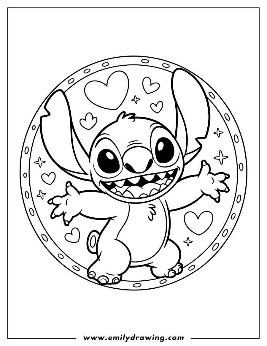 Line art of Stitch, from Disney's Lilo & Stitch, with open arms as if offering a hug. He's surrounded by little hearts and stars.
