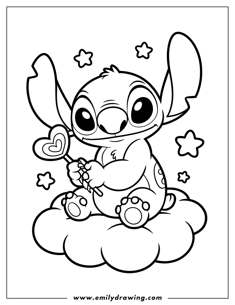 Outline of Stitch sitting on a fluffy cloud holding a heart-shaped lollipop, surrounded by stars.
