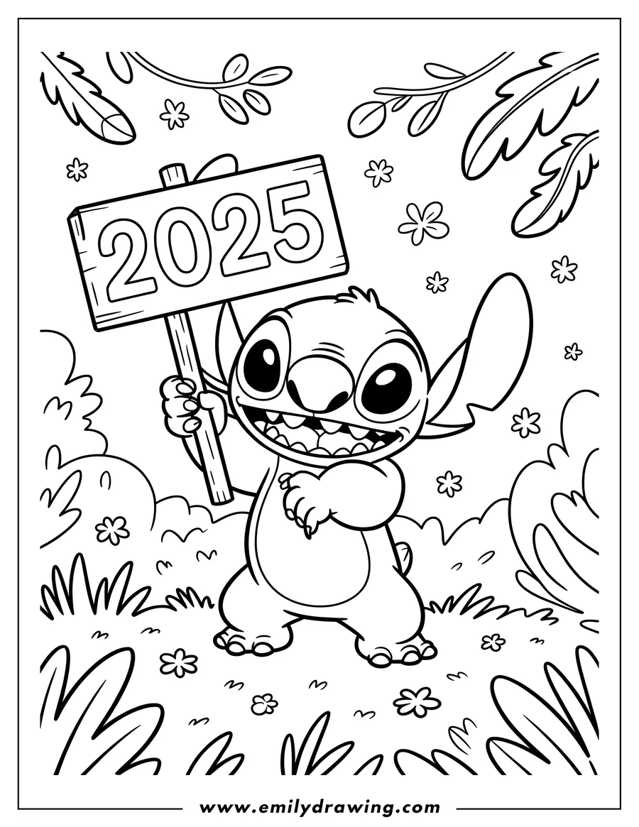 Line art of Stitch holding up a wooden sign that reads '2025', surrounded by flowers and leaves.