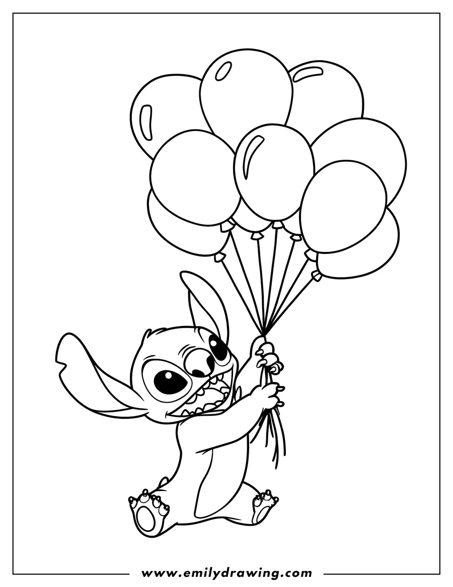Line art of Stitch from Disney's Lilo and Stitch, gleefully holding a bunch of balloons.