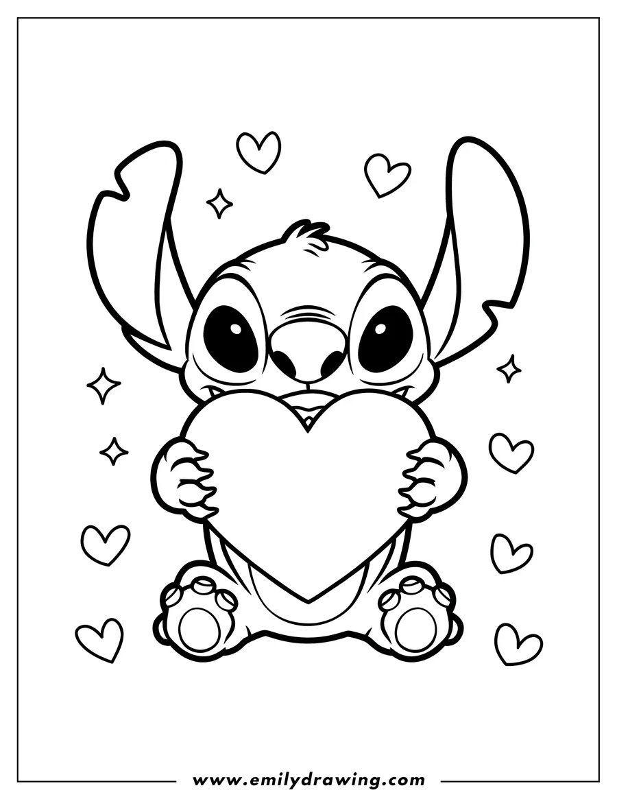 Outline of Stitch holding a large heart surrounded by small hearts and sparkles.