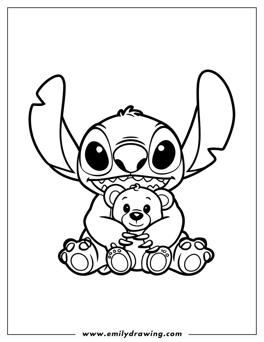 Outline of Stitch from Lilo and Stitch hugging a teddy bear
