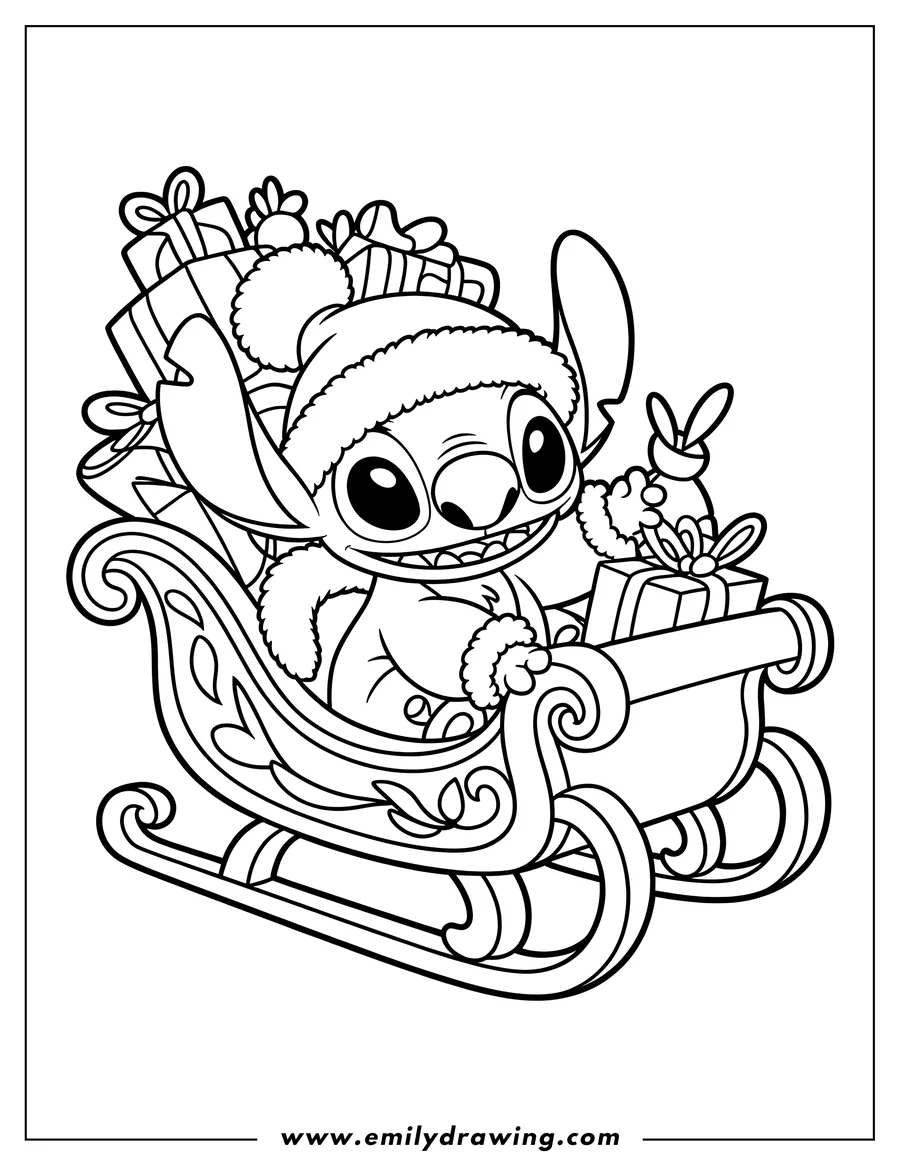 Outline of Stitch from Lilo and Stitch, sitting in a sleigh with Christmas presents and wearing a Santa Hat
