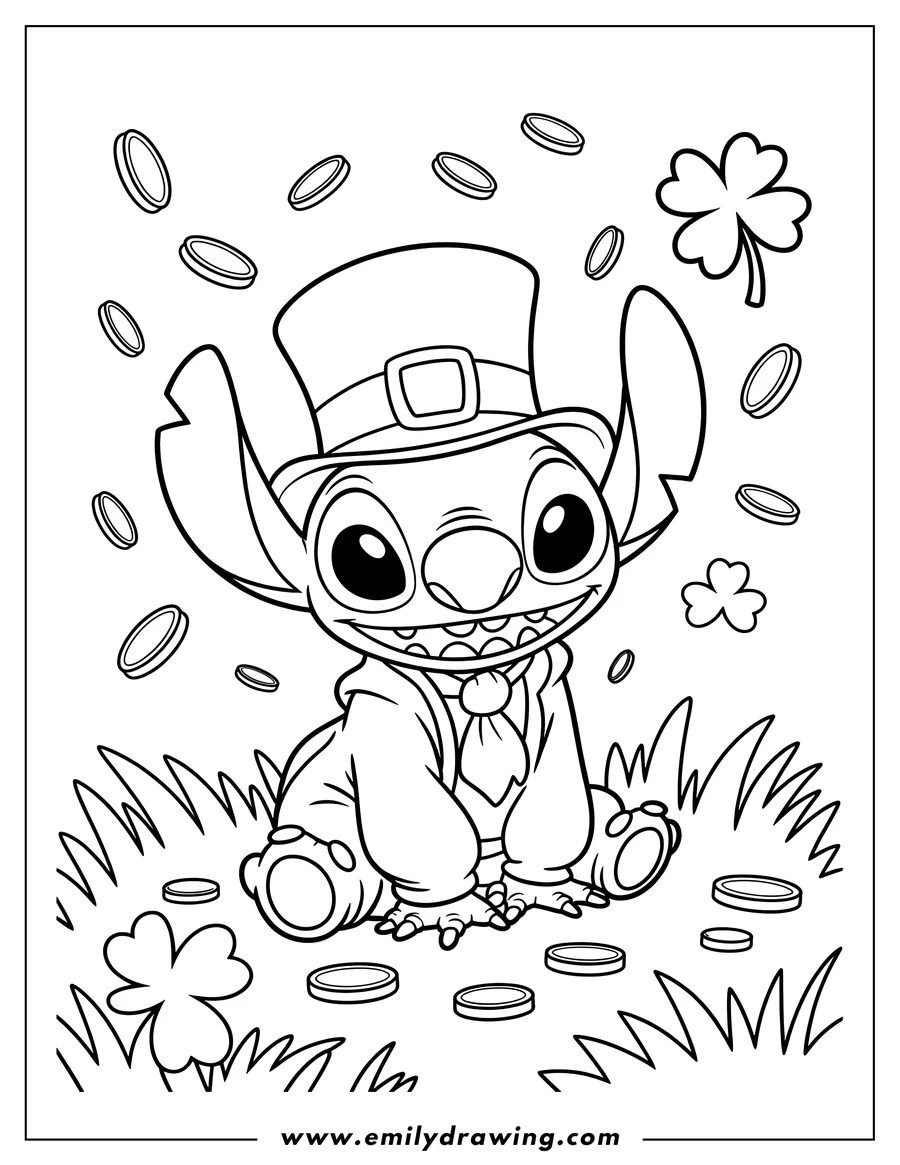 Outline of Stitch from Lilo and Stitch wearing a leprechaun hat, surrounded by gold coins and shamrocks.