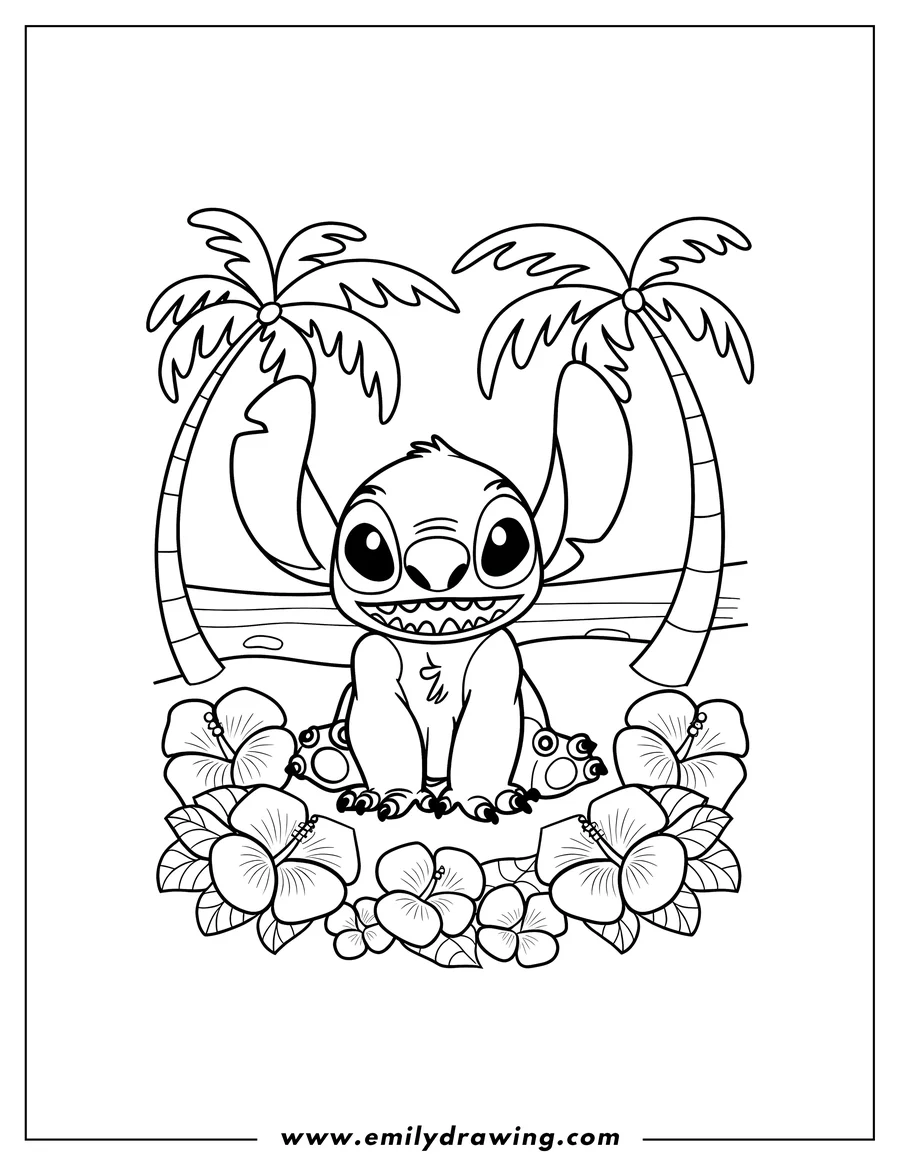 Line art of Stitch sitting on the beach with palm trees behind him and flowers at his feet.