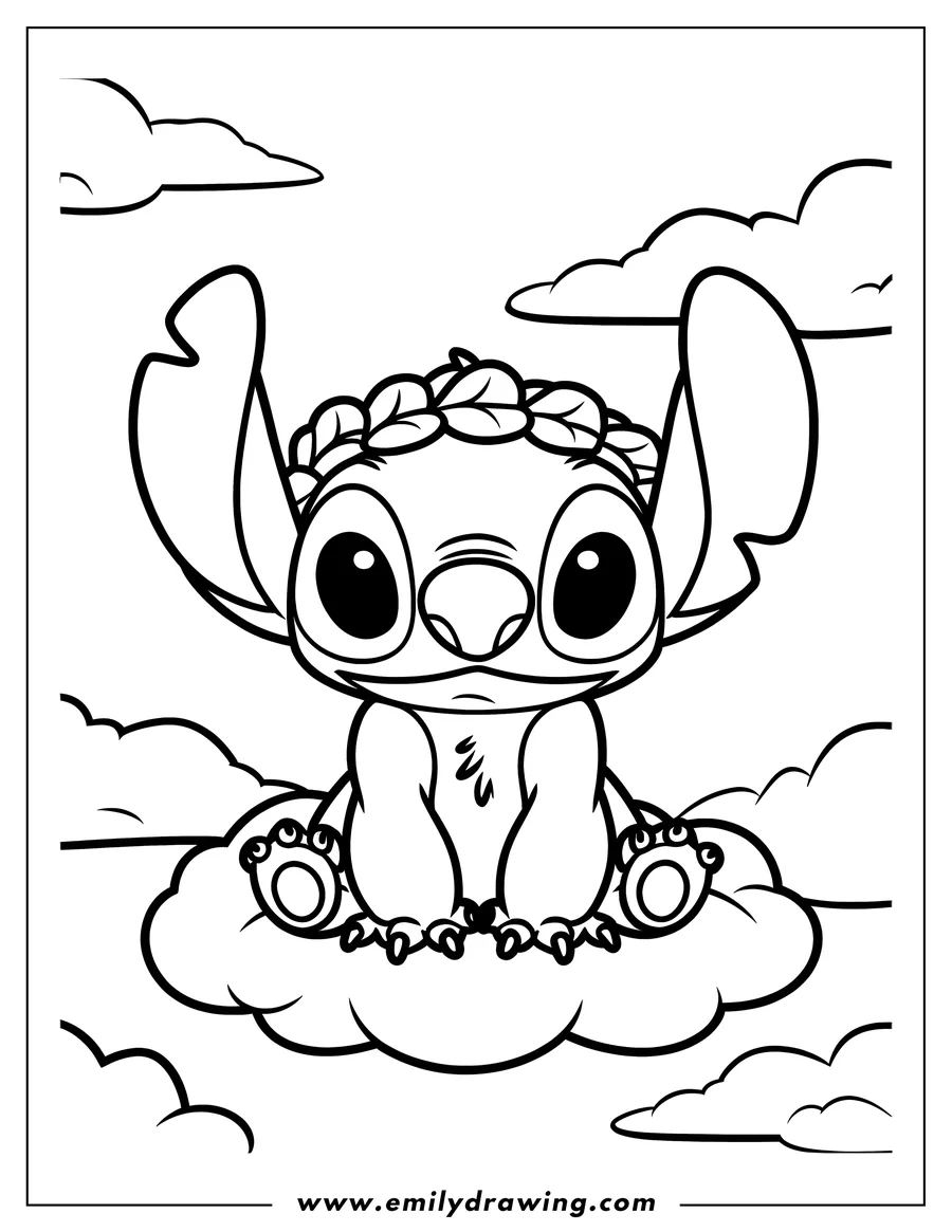 Outline of Stitch sitting on a cloud wearing a leaf crown.