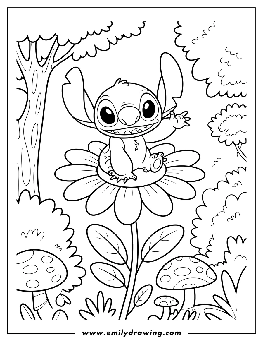 Line art of Stitch from Lilo and Stitch sitting on a large flower in a garden setting. There are trees, bushes, and mushrooms surrounding the flower.