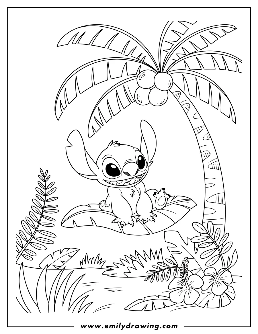 Outline of Stitch sitting on a palm leaf under a coconut tree. Tropical plants and flowers surround him.