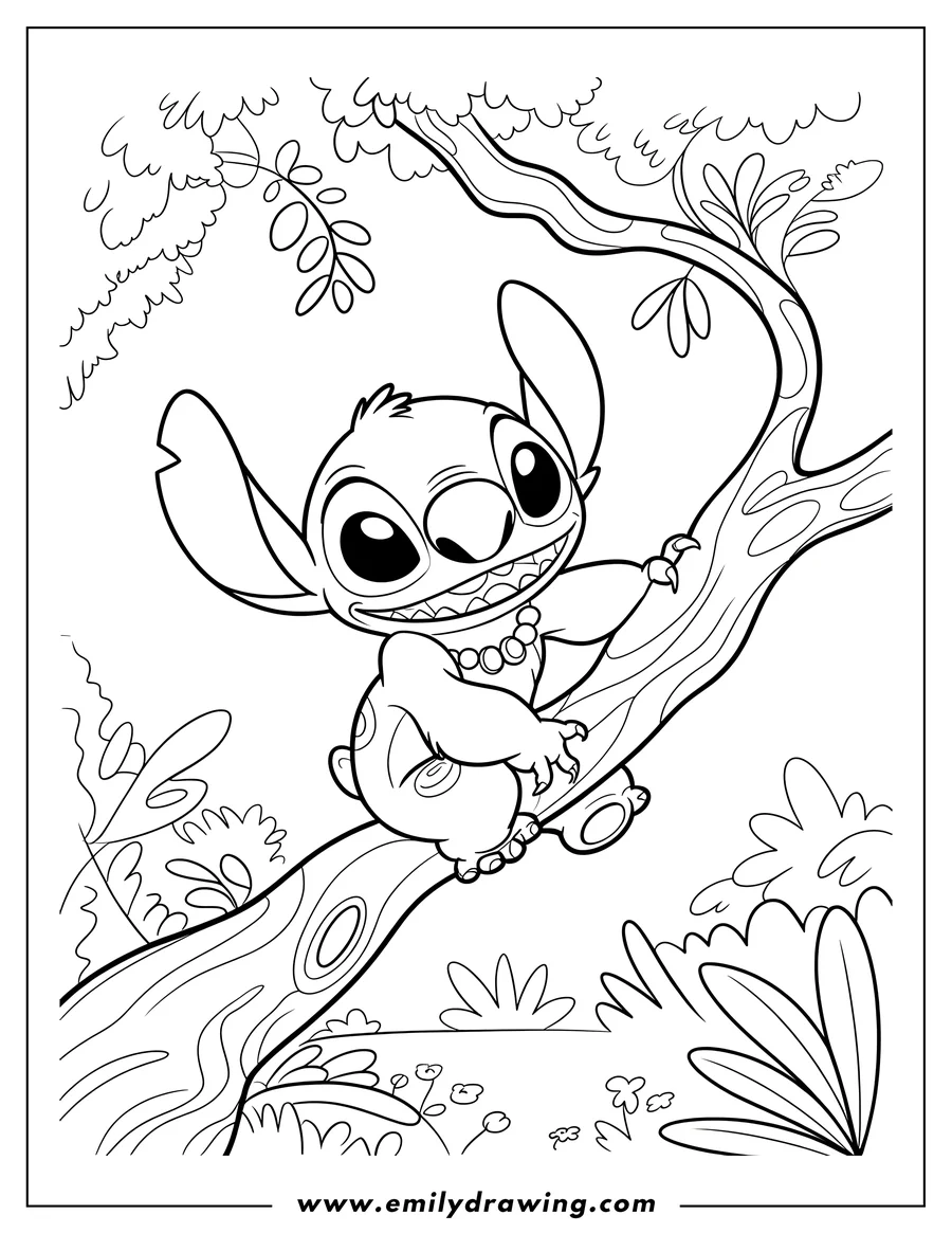 Line art of Stitch from Lilo and Stitch sitting on a tree branch in a jungle setting.