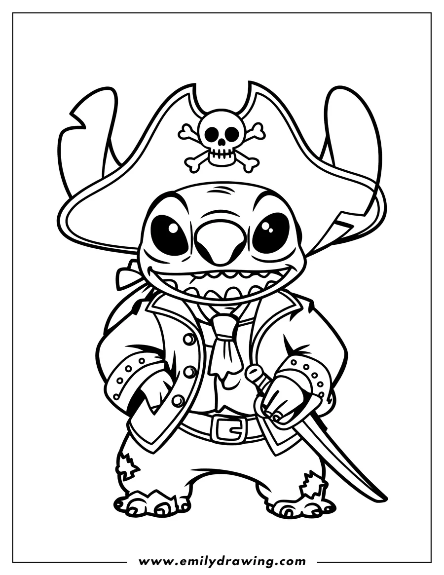 Line art of Stitch dressed as a pirate, complete with a pirate hat with a skull and crossbones, a jacket, and a sword.