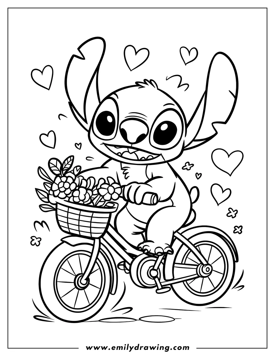 Outline of Stitch riding a bicycle with a basket of flowers, surrounded by hearts.