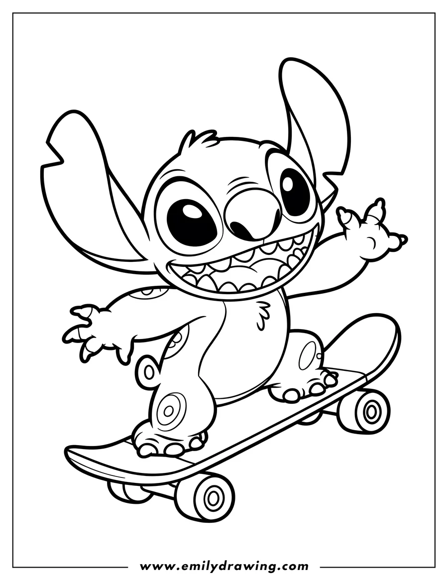 Line art of Stitch skateboarding with a big smile.