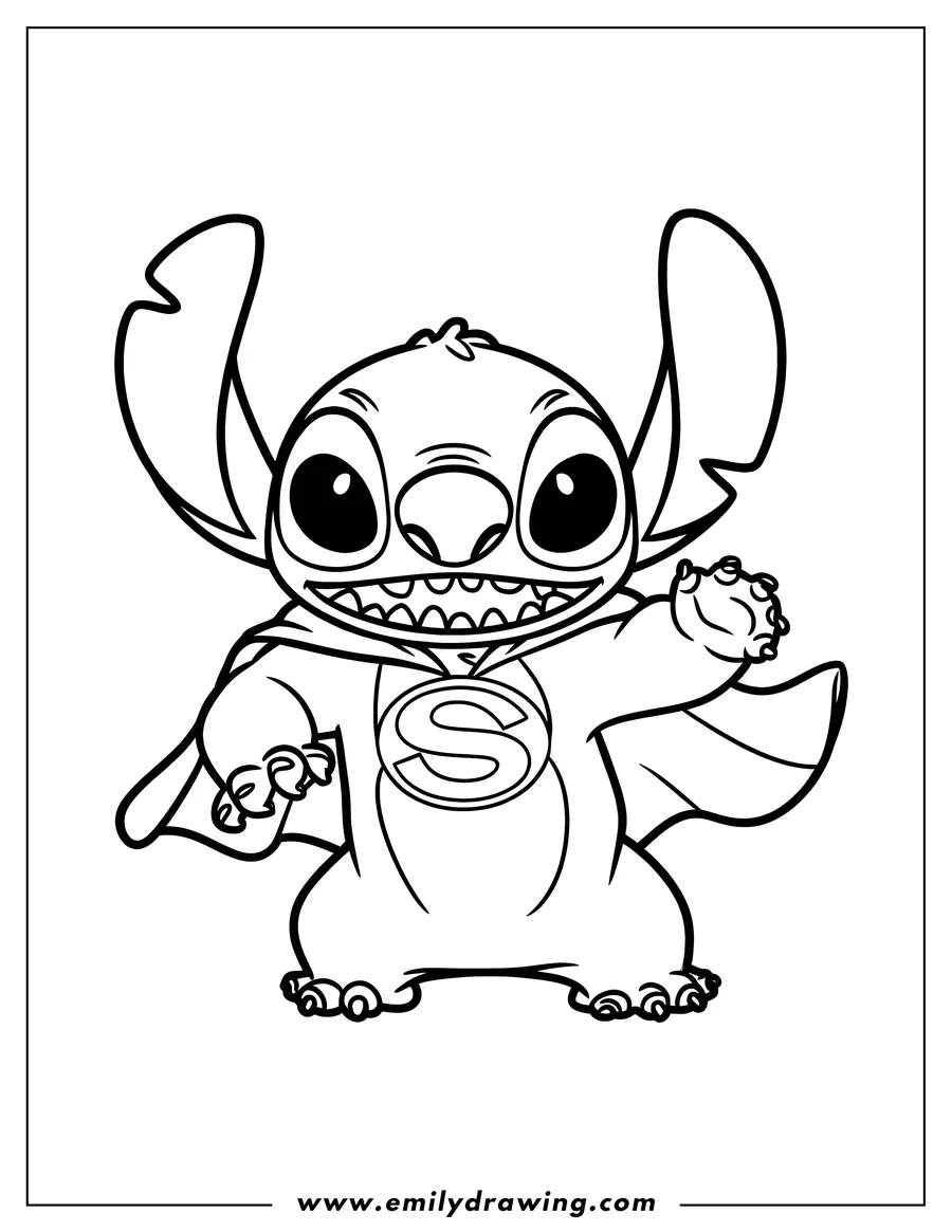 Line art of Stitch the alien dressed as a superhero with a cape and S on his chest