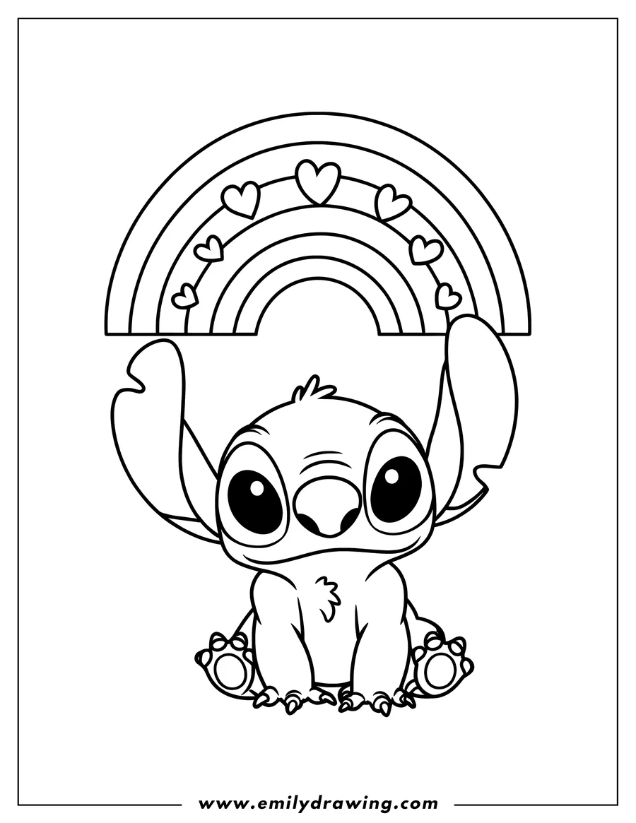 Outline of Stitch sitting beneath a rainbow decorated with hearts.