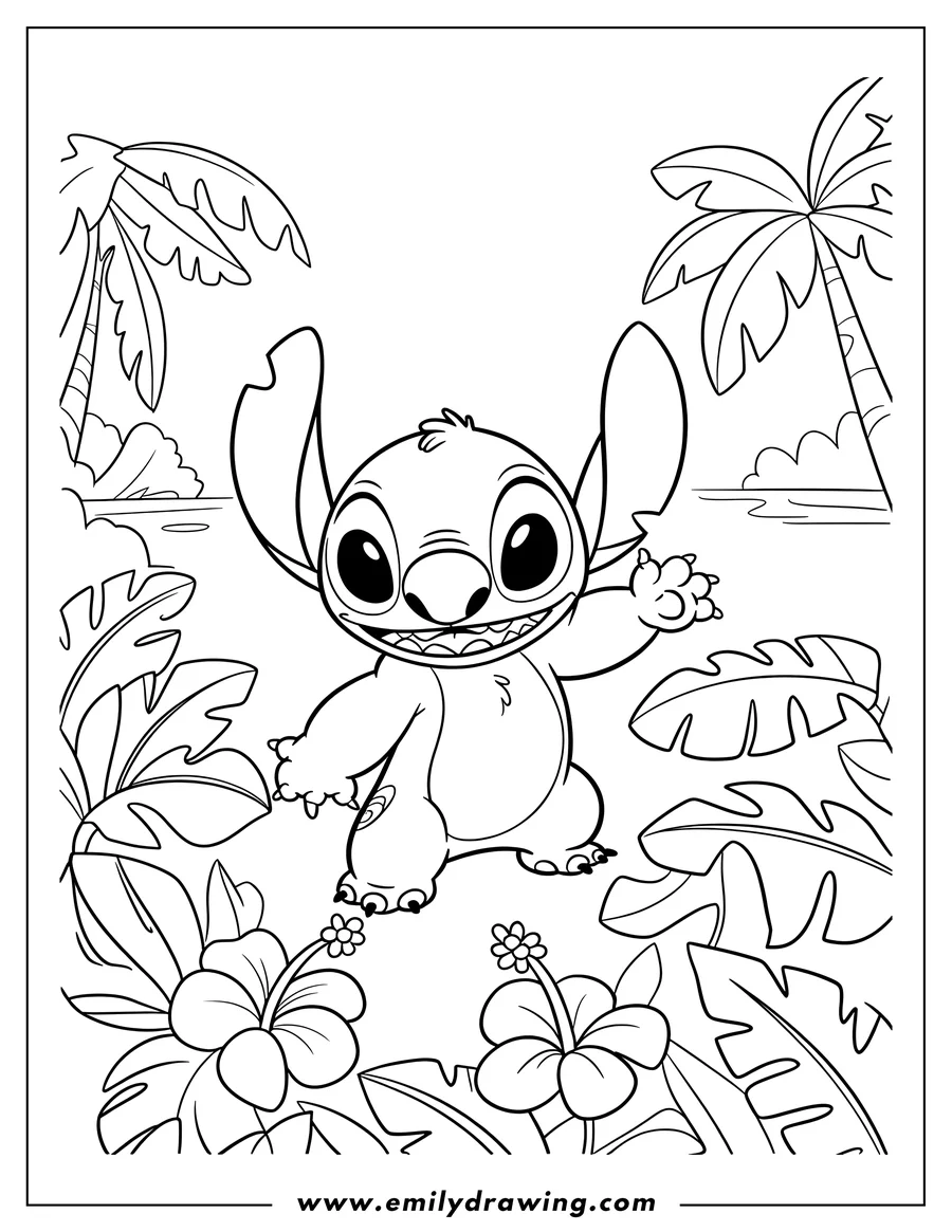 Line art of Stitch from Lilo and Stitch waving on a tropical island with palm trees, lush foliage, and hibiscus flowers.