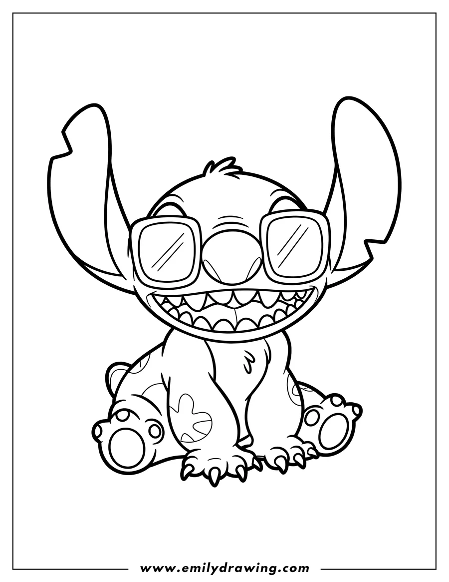 Line art of Stitch wearing square glasses and smiling.