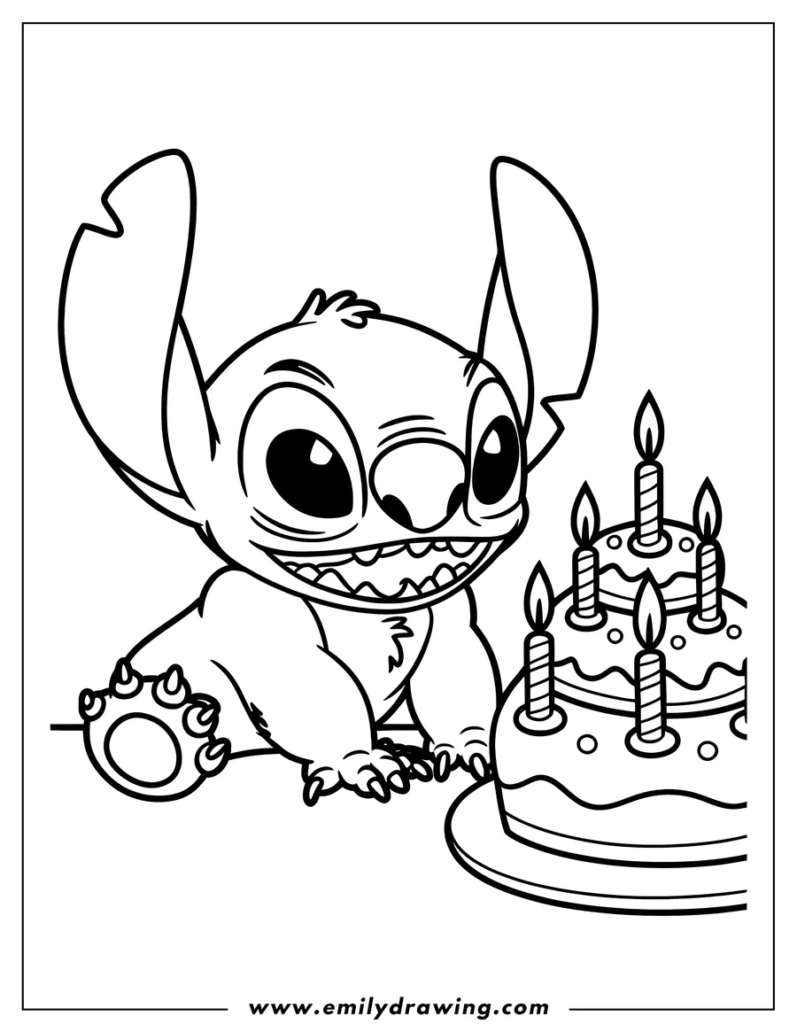 Line art of Stitch with a birthday cake and candles. Stitch is looking at the cake, ready to celebrate.