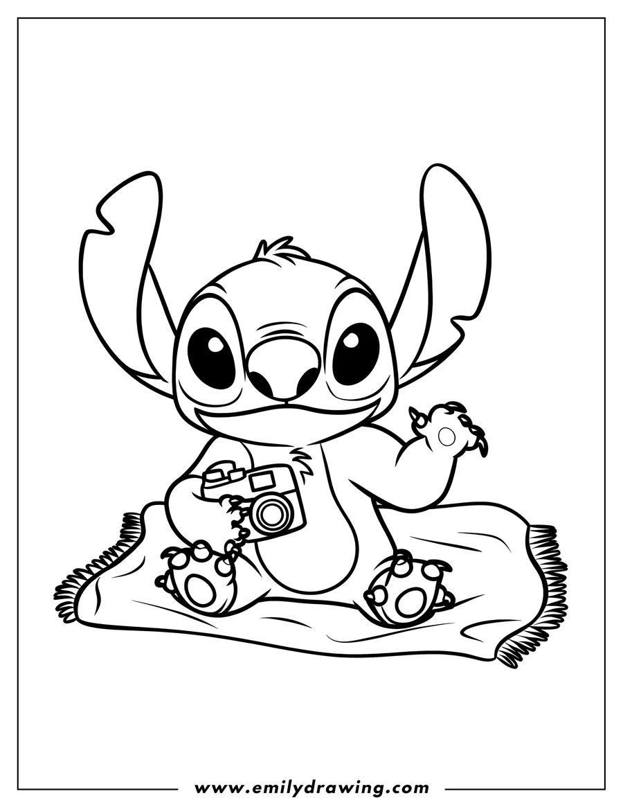 Line art of Stitch holding a camera while sitting on a fringed blanket.