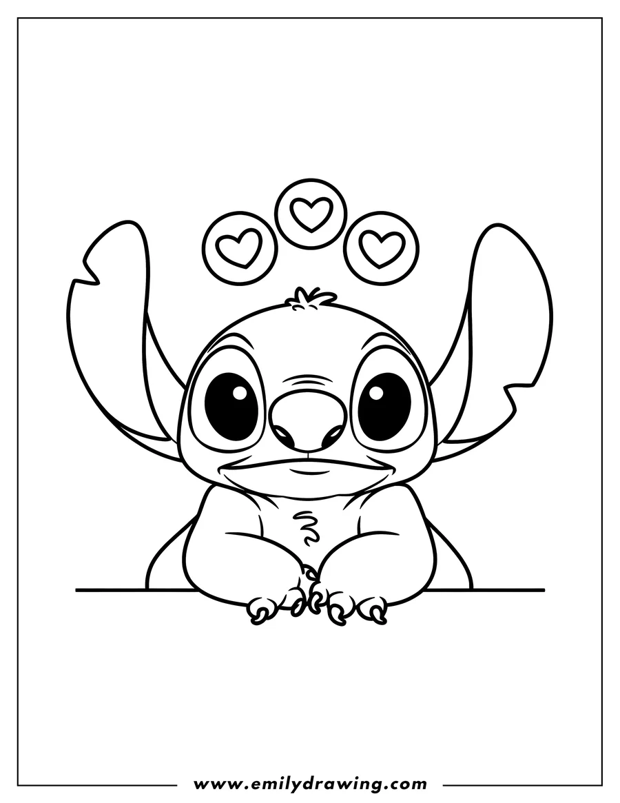 Outline of Stitch with three hearts floating above his head