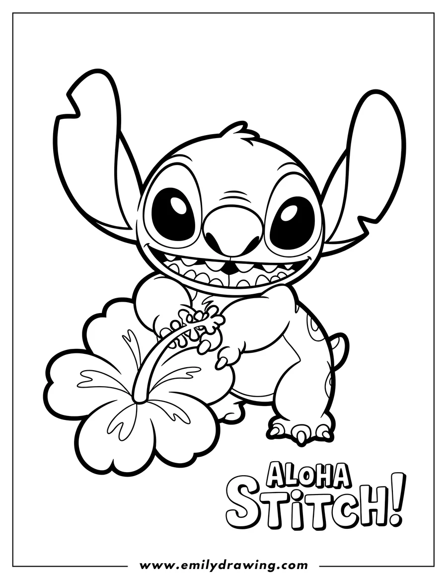 Outline of Stitch holding a hibiscus flower. The words