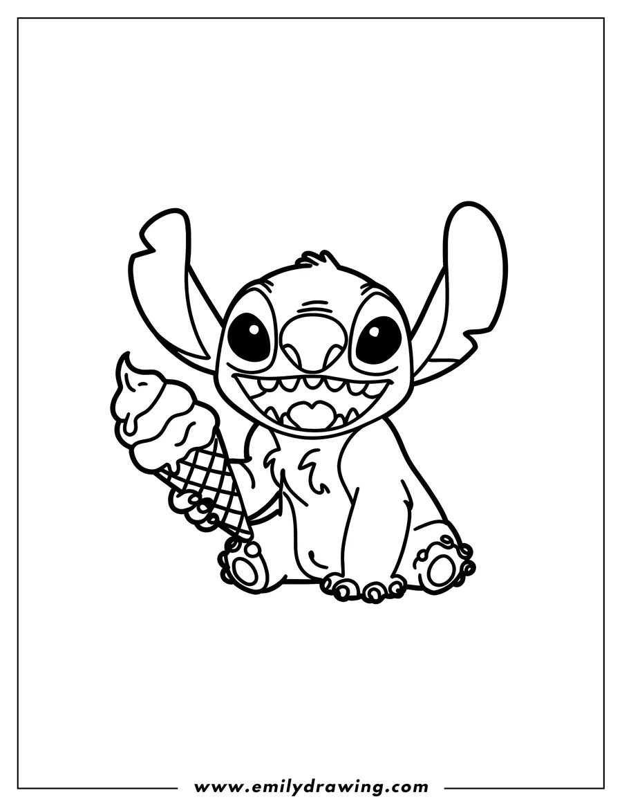 Line art of Stitch holding an ice cream cone.