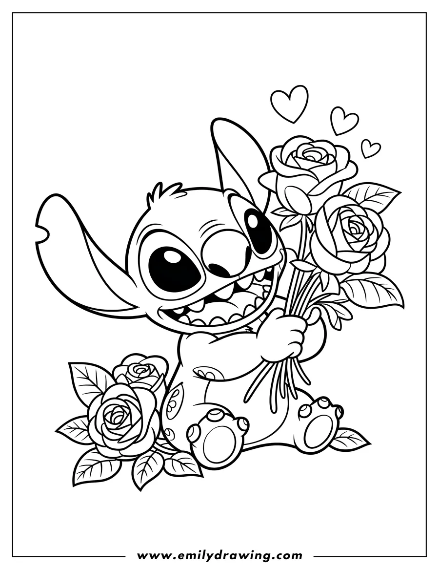 Line art of Stitch holding a bouquet of roses with hearts floating above. Additional roses are at his feet.