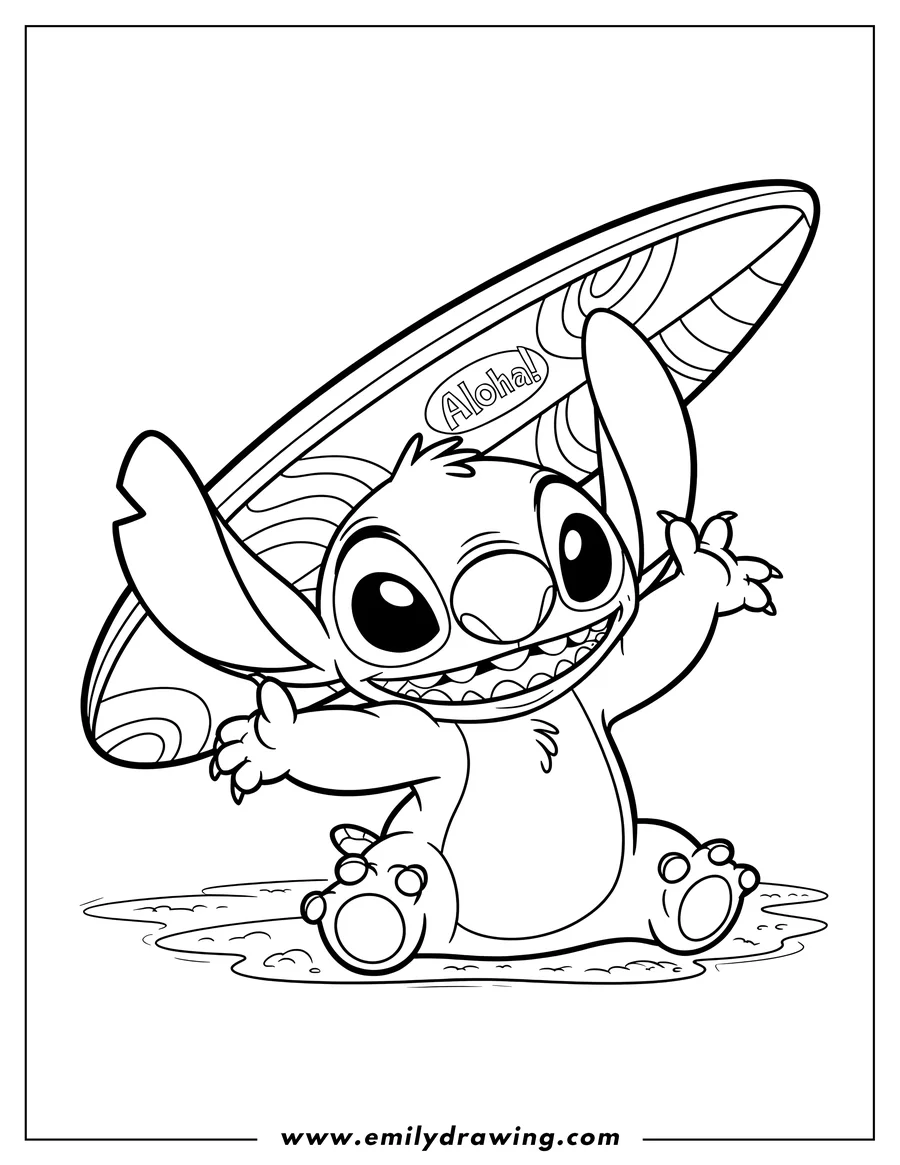 Line art of Stitch from Lilo and Stitch sitting with a surfboard overhead. The surfboard says Aloha on it.