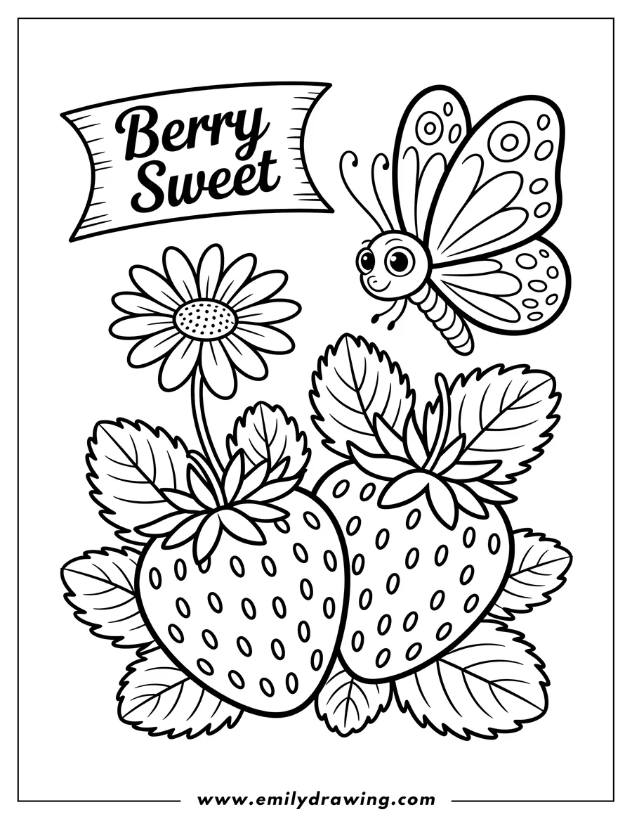 Line art of two strawberries with leaves and a small flower. A butterfly with patterned wings hovers above.