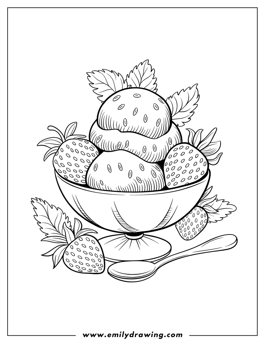 Line art of a bowl of strawberries and strawberry ice cream with a spoon and additional strawberries beside the bowl.