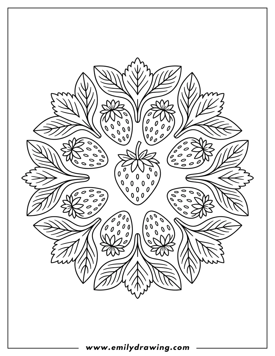 Outline of a mandala design featuring strawberries and leaves, arranged in a circular pattern.