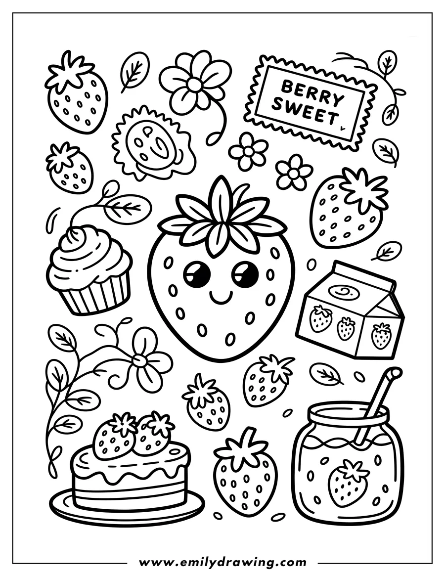 Line art of various strawberries, a strawberry cake, a cupcake, a carton of strawberry milk, and a jar of strawberry smoothie, along with flowers and leaves.