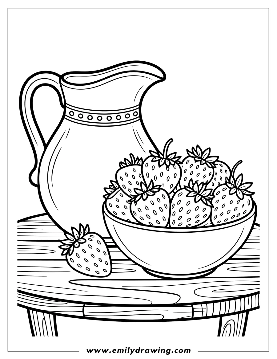 Outline of strawberries in a bowl and a pitcher on a wooden table. A single strawberry sits on the table next to the bowl.