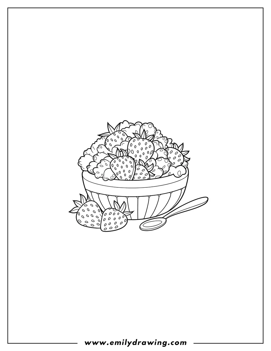 Line art of a bowl full of strawberries, with two more strawberries beside the bowl and a spoon.