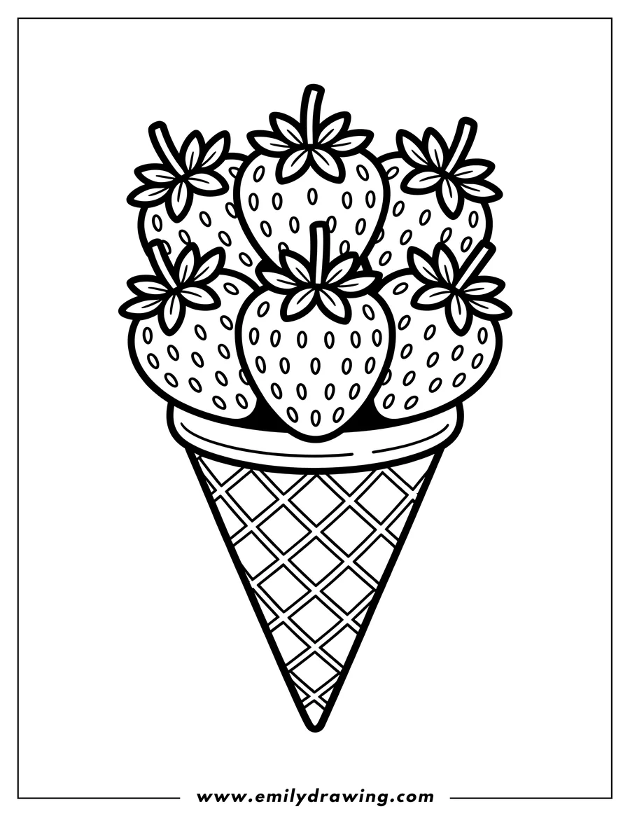 Line art of several strawberries nestled in an ice cream cone.