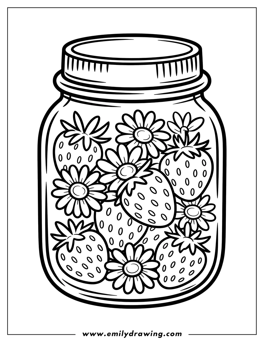 Line art of strawberries and flowers arranged in a glass jar. Perfect for a summery coloring activity.