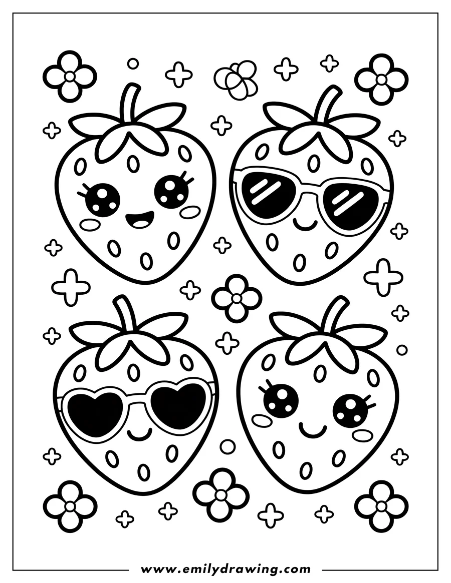 Line art of four kawaii strawberries. Two of the strawberries are wearing sunglasses, one with heart-shaped lenses. Small flowers and plus signs decorate the background.