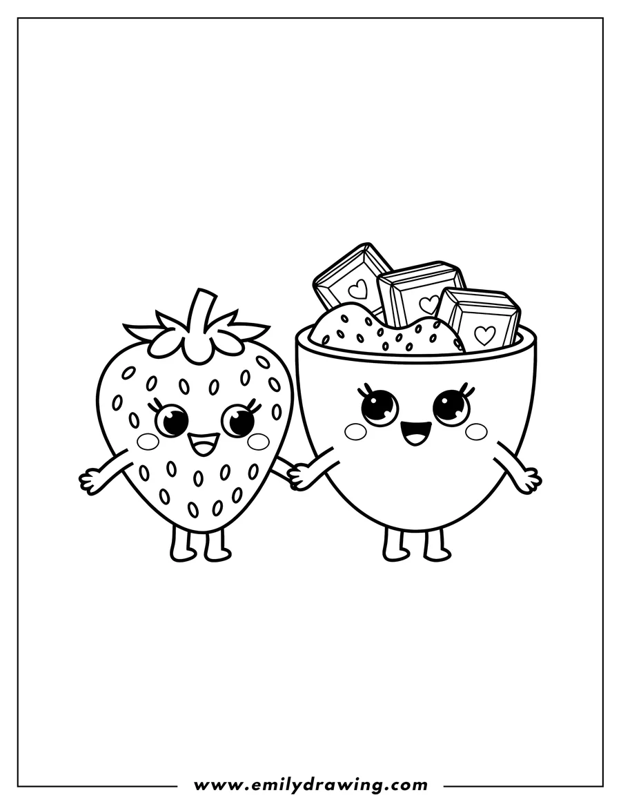 Line art of a strawberry and a bowl of chocolate-covered strawberries holding hands. Both have cute, smiling faces.