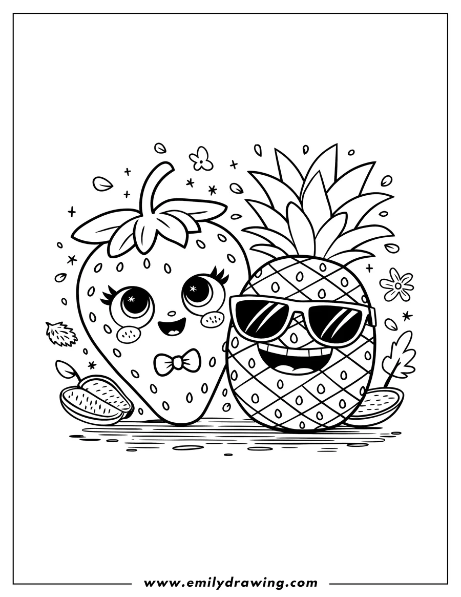 Line art of a strawberry with a bow tie and a pineapple wearing sunglasses, surrounded by small decorative elements.