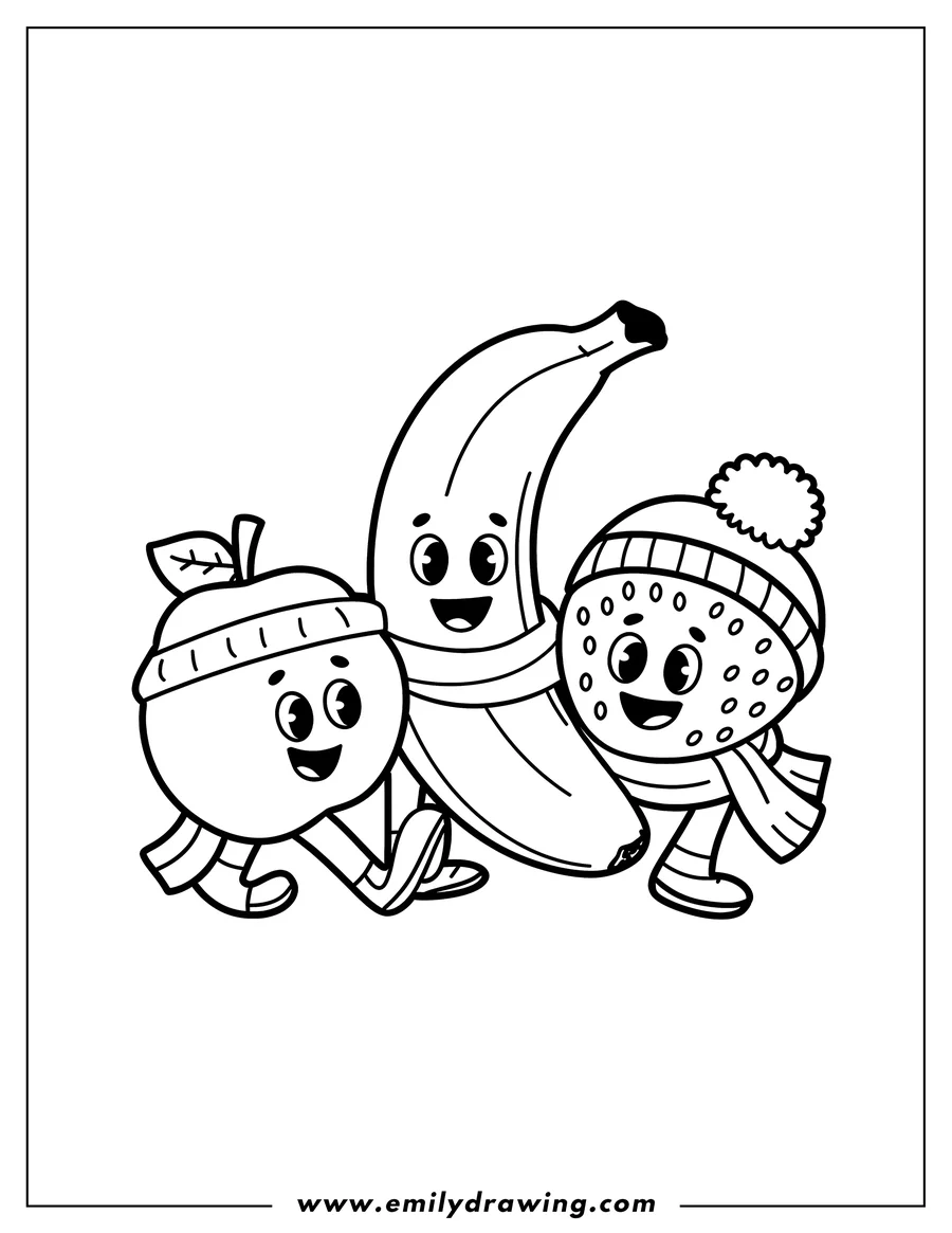 Line art of a strawberry wearing a winter hat and scarf, an apple with a sweatband, and a banana, all with smiling faces.