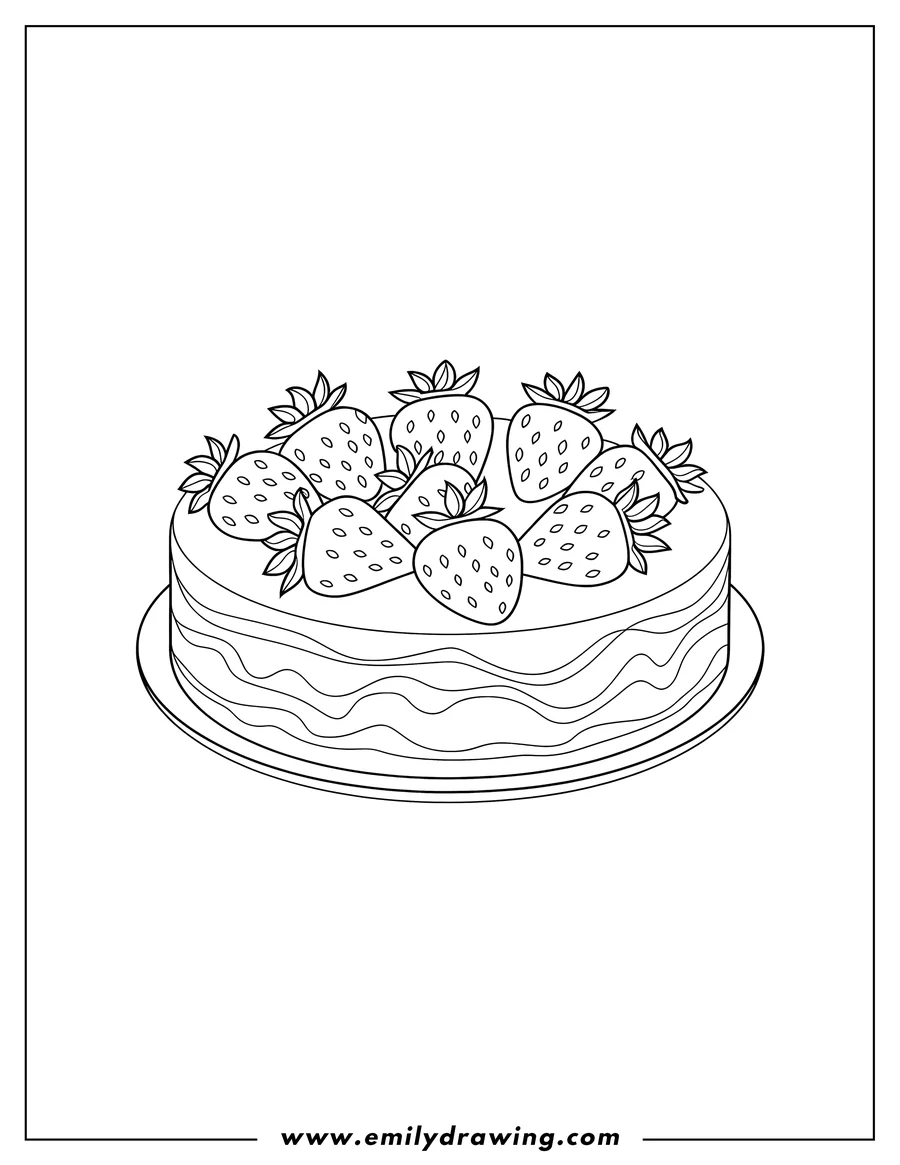Line art of a cake topped with strawberries.