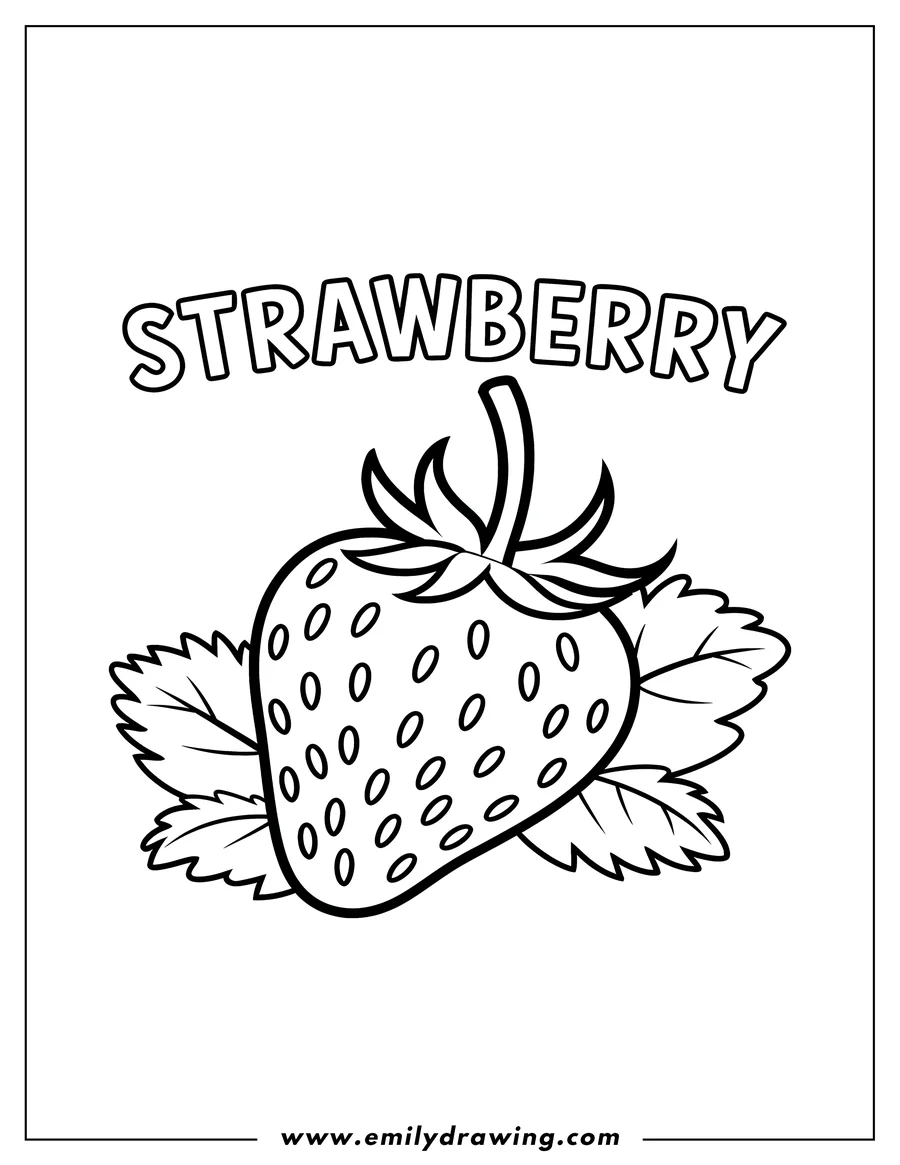Line art of a strawberry with leaves and seeds.